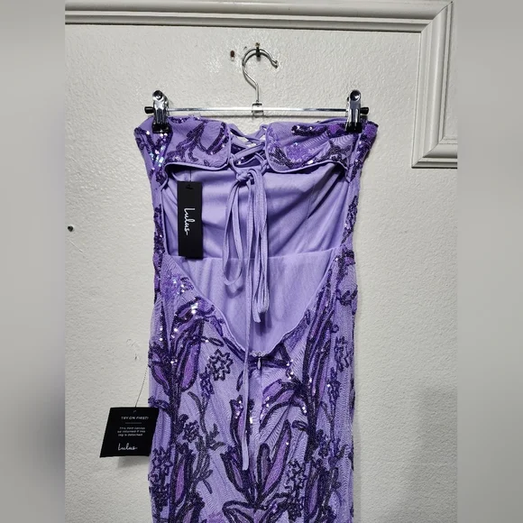 Lulus Shimmering Icon Lavender Sequin Lace-Up Strapless Maxi Dress M Party Prom - Picture 10 of 12